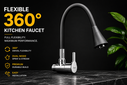 360° Flexible Kitchen Sink Faucet – Dual Mode Spray & Stream Mixer Tap | Matte Black & Chrome Finish